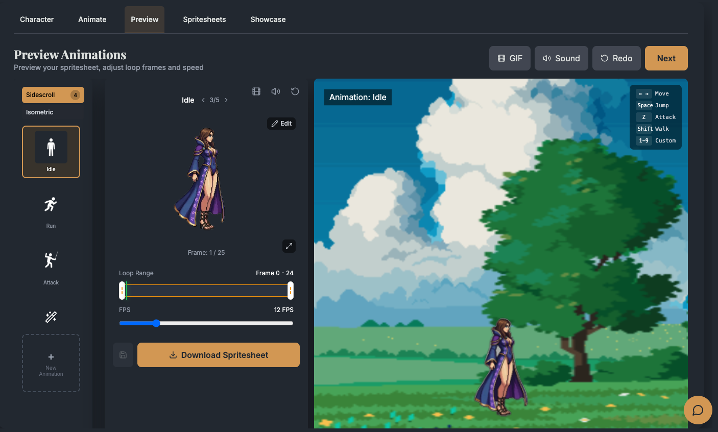 AutoSprite preview animations screen showing sprite sheet playback